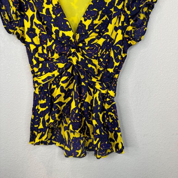 A.L.C. Womens Yellow &‎ Blue Floral Ruched Short Sleeve Top 0 Luxe Edgy - Picture 4 of 11